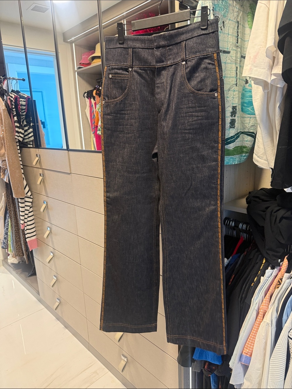 Fendi Dark Blue Straight-Leg Jeans with Contrast Side Tape